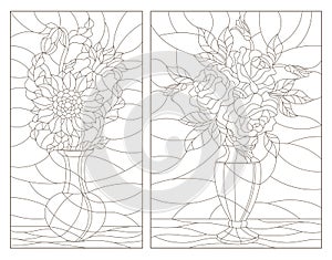 Contour set with illustrations of stained glass Windows with floral still lifes, bouquets of sunflowers and roses in vases, dark