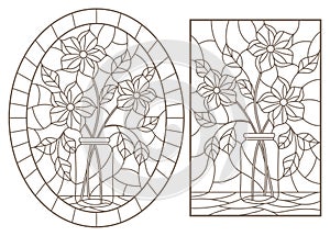 Contour set with  illustrations of stained glass Windows with floral still lifes, dark contours on a white background