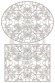 Contour set with   illustrations of stained-glass Windows with flowers and butterflies,  darrk contour on white background