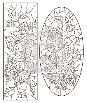 Contour set with illustrations of stained-glass Windows with flowers and butterflies, oval and rectangular image, dark contours on