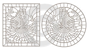 Contour set with illustrations of stained-glass Windows with flowers and butterflies, round and rectangular image, dark contours