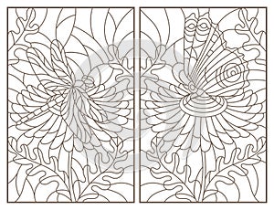 Contour set with  illustrations of stained-glass Windows with flowers dragonflys and butterflies, rectangular images, dark contour