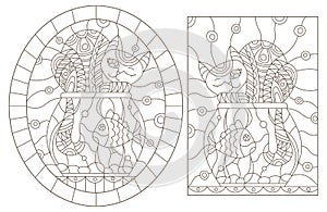 Contour set with  illustrations of stained glass Windows with funny cats on aquariums , dark contours on white background