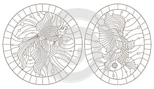 Contour set with illustrations of stained-glass Windows with goldfishes, the round image in the frame, dark contours on a white ba
