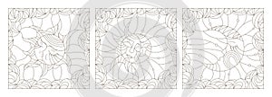 Contour set illustrations of the stained glass Windows with the heavenly luminaries, the sun and the moon on a background of clou photo