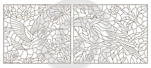 Contour set with  illustrations of stained glass Windows with Hummingbird birds and flowers, dark outlines on a white background,