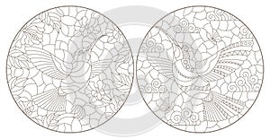 Contour set with  illustrations of stained glass Windows with Hummingbird birds and flowers, dark outlines on a white background