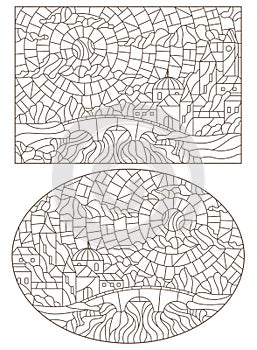 Contour set with  illustrations of the stained glass Windows with landscapes,   the old castle by the river, dark contours on a wh