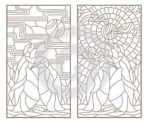 Contour set with illustrations of stained glass Windows with a pair of penguins, dark outlines on white background