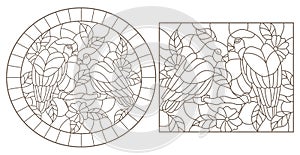 Contour set with illustrations of stained glass Windows with parrots lovebirds and flowers, dark contours on a white background