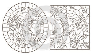 Contour set with illustrations of stained glass Windows with parrots lovebirds and flowers, dark contours on a white background