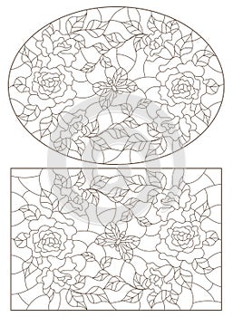 Contour set with  illustrations of stained glass Windows with roses  and butterflies , oval and rectangular image, dark contours o