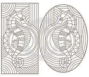 Contour set with illustrations of stained glass Windows with  seahorses, dark outlines on white background