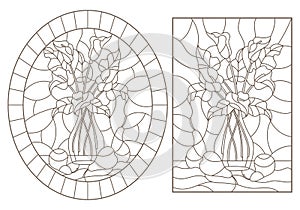 Contour set with  illustrations of stained glass Windows with still lifes, bouquets of Callas and pears, dark contours on a white