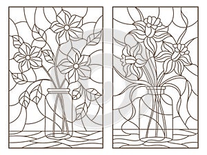 Contour set with illustrations of stained glass Windows with still lifes with bouquets of flowers in banks, dark contours on a l photo
