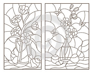 Contour set with illustrations of the stained glass Windows with still lifes , flowers in vases and fruit photo