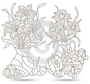 Contour set with  illustrations of stained glass Windows with still lifes, fruits and flowers in vases, dark outlines on a white b