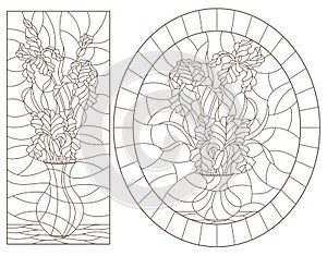 Contour set with  illustrations of stained glass Windows with still lifes, vases with iris flowers, dark outlines on a white backg photo