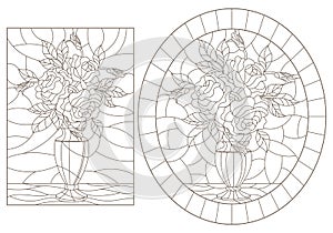 Contour set with   illustrations of stained glass Windows with still lifes, vases with rose flowers, dark outlines on a white back photo