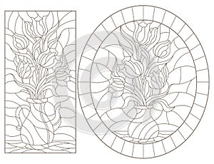 Contour set with   illustrations of stained glass Windows with still lifes, vases with Tulip flowers, dark outlines on a white bac