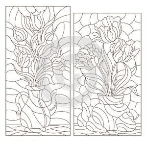 Contour set with  illustrations of stained glass Windows with still lifes, vases with Tulip flowers, dark outlines on a white back