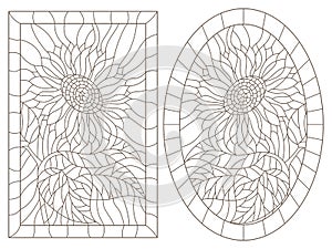 Contour set with illustrations of stained glass Windows with sunflowers in frames, dark contours on a white background, oval and
