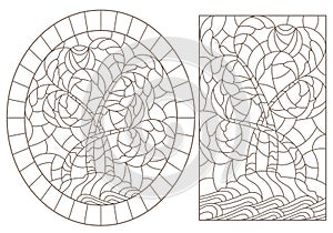 Contour set with illustrations of the stained glass Windows of tropical landscapes ,island with palm trees against the sky, ocean