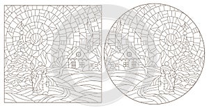 Contour set with illustrations of stained glass Windows with winter landscapes, dark contours on a white background