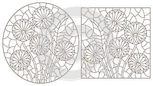 Contour set with  illustrations in the style of stained glass with abstract dandelion flowers, dark contours on a white background