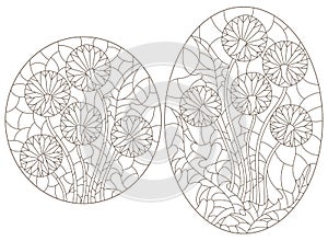 Contour set with illustrations in the style of stained glass with abstract dandelion flowers, dark contours on a white background