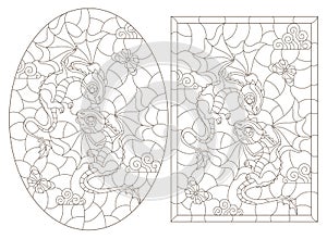 Contour set with  illustrations in the style of stained glass with cartoon cute dragons, dark outlines on a white background