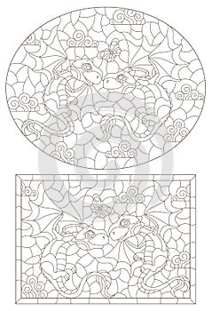 Contour set with illustrations in the style of stained glass with cartoon cute dragons, dark outlines on a white background