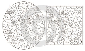 Contour set with illustrations in the style of stained glass with cartoon cute dragons, dark outlines on a white background