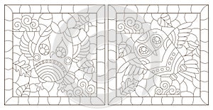 Contour set illustrations in the style of stained glass with cute cartoon owls, dark contours on a white backgroundof