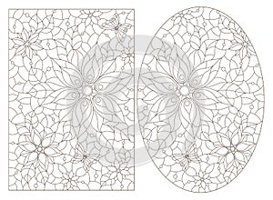 Contour set with  illustrations in the style of stained glass with flower arrangements, dark contours on a white background