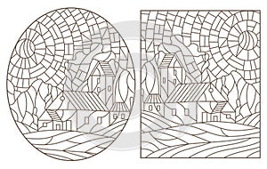 Contour set with  illustrations in the style of stained glass with urban landscapes , dark contours on a white background