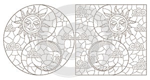 Contour set with  illustrations in the style of a stained glass window with a cute sun and moon, dark contours on a white backgrou