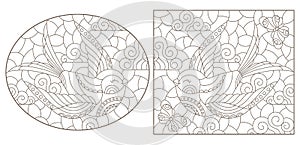 Contour set with  illustrations in the style of a stained glass window with swallows on a cloudy sky background, dark outlines on