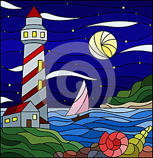 Contour set with  seascape, lighthouse and sailboat on a background of sea and starry night sky with a moon