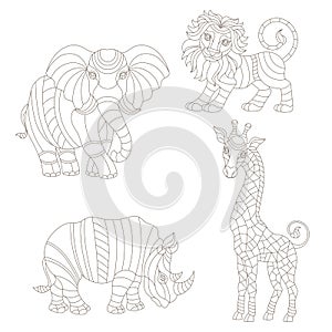 Contour set with stained glass elements, African animals, abstract rainbow elephant, giraffe, lion and Rhino, isolated on white b