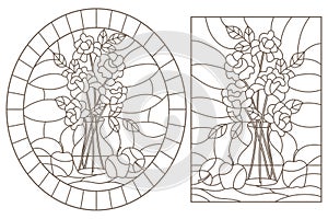 Contour set with  stained glass Windows with still lifes, roses in a vase and apples, dark contours on a white background photo