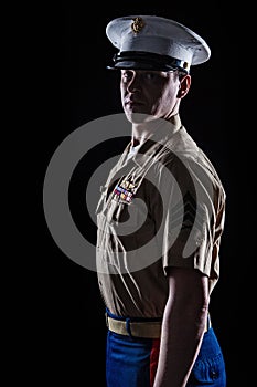 Contour shot of US marine in blue dress uniform