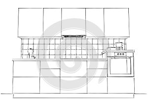 Contour sketch illustration of contemporary kitchen black and white.