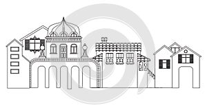 Contour of small town buildings. Vector cityscape silhouette