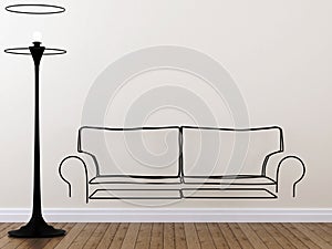 The contour of the sofa and floor lamp