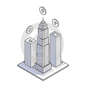 Contour style skyscrapers illustrate a smart city concept. Isometric line art urban landscape for futuristic city life