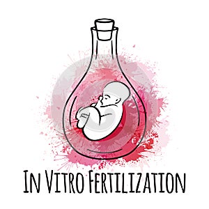 Contour of test tube with a child on the topic of artificial insemination with watercolor splashes.