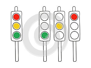 Contour traffic light set. Stop, wait, go sign. Spectacle. Road rule. 3 Stoplight states. Color image with black outline