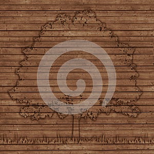 Contour tree on old wooden planks background