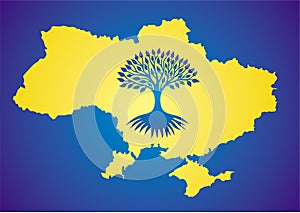 The contour of Ukraine in yellow, the tree of life on a blue background.